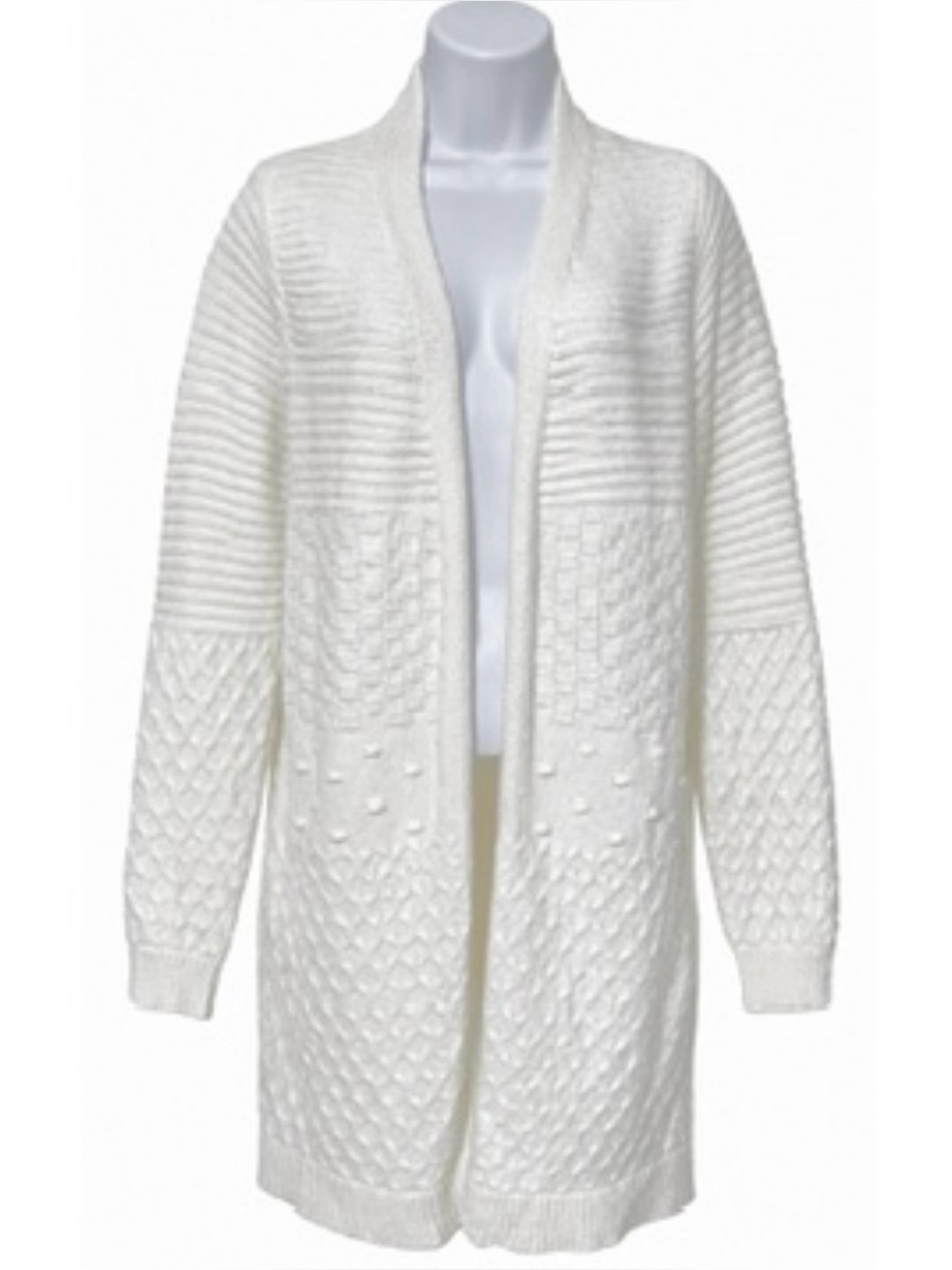 Kempson Women’s White Solid Textured Knit Open Front V-Neck Cardigan Sweater M